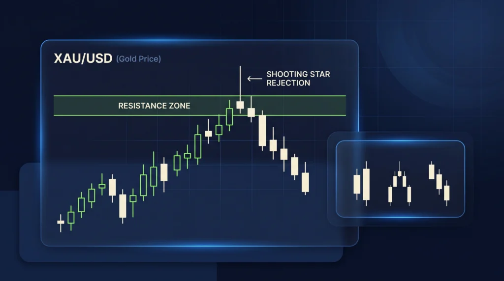 Gold price reversing downward from resistance after bearish candlestick formations.
