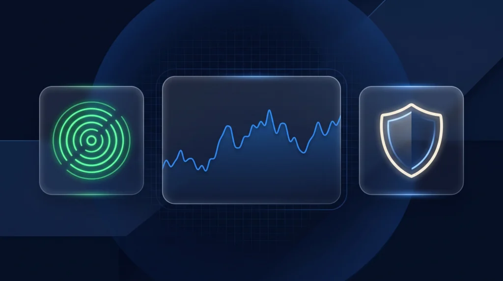 Gold price line with liquidity pulse and safe-haven shield in a clean trading interface.