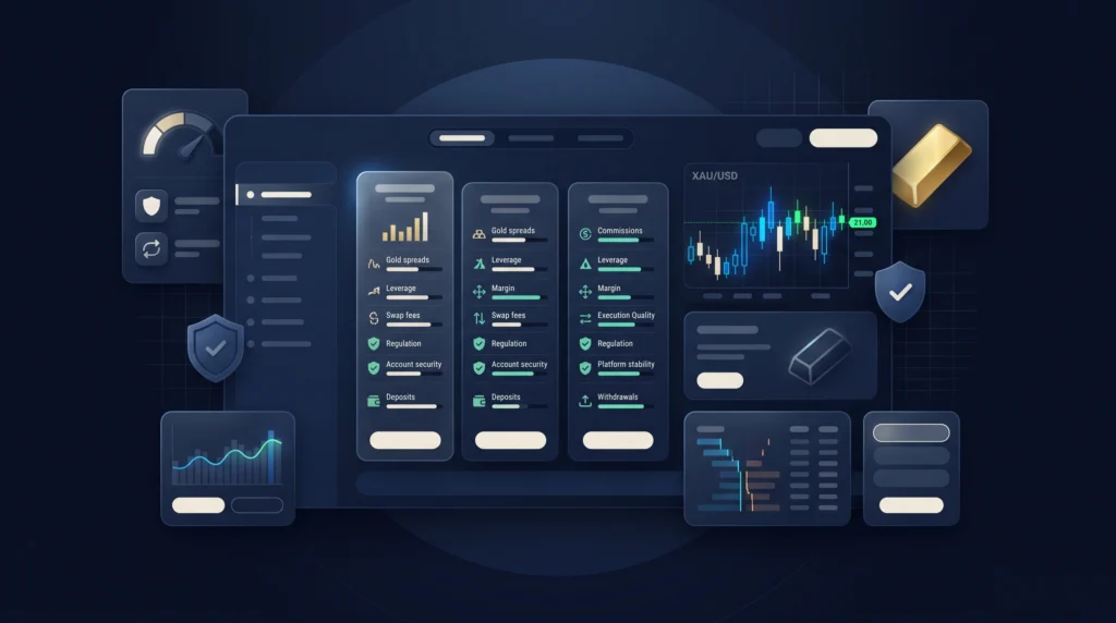 Gold broker comparison dashboard showing spreads, leverage, platforms, security, and account checks.