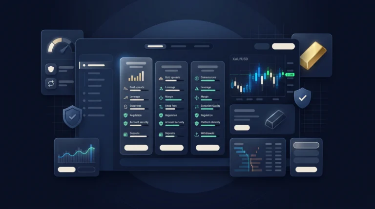 Gold broker comparison dashboard showing spreads, leverage, platforms, security, and account checks.