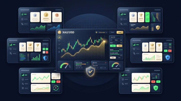 Gold trading app comparison dashboard with charts, execution metrics, and risk management tools.