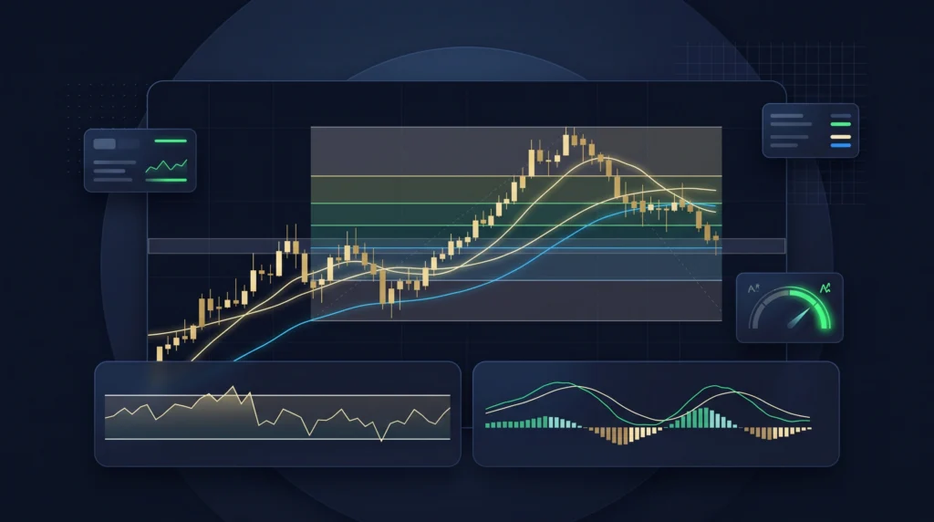 Gold trading dashboard with moving averages, RSI, MACD, ATR, and Fibonacci indicators.