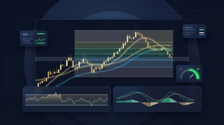 Gold trading dashboard with moving averages, RSI, MACD, ATR, and Fibonacci indicators.