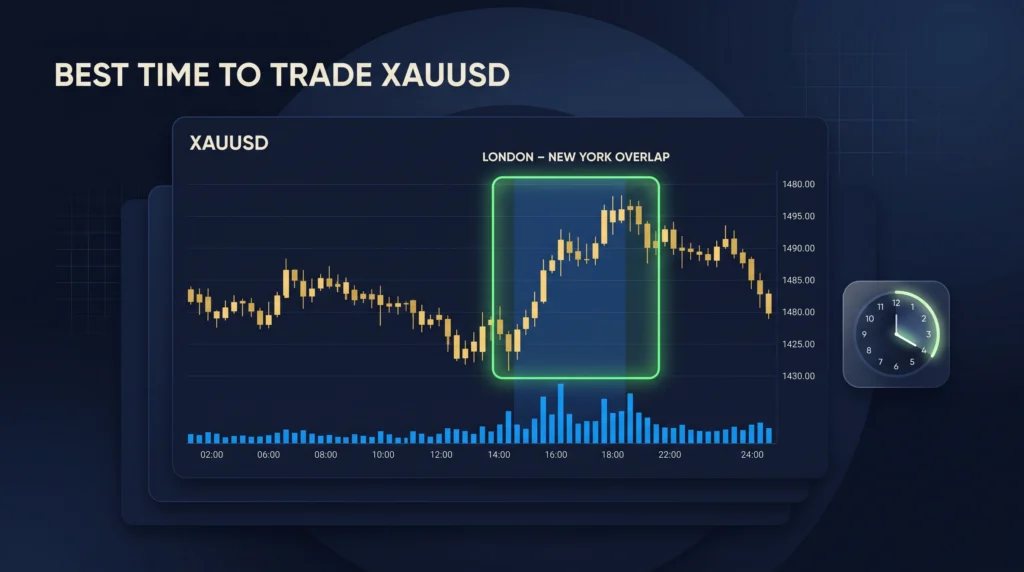 XAUUSD chart highlighting high-liquidity trading during the London–New York overlap.
