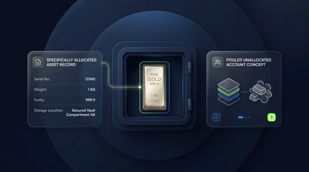 Secured vault with an identified bullion bar, allocated record, and pooled account concept.
