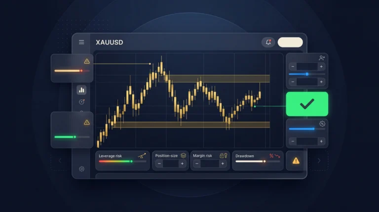 Gold trading dashboard with XAUUSD charts, leverage risks, stop-loss controls, and drawdown warnings.