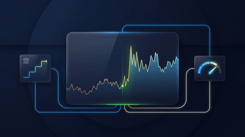Gold price chart linked to CPI, interest-rate expectations, and US dollar strength.
