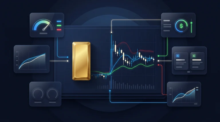 Dark fintech dashboard showing CPI data, gold bullion, XAUUSD volatility, yields, and dollar reaction.