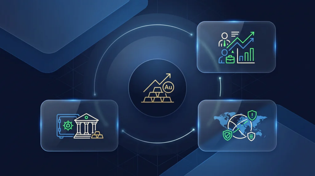 Gold market symbol connected to employment, geopolitical risk, and central bank demand.
