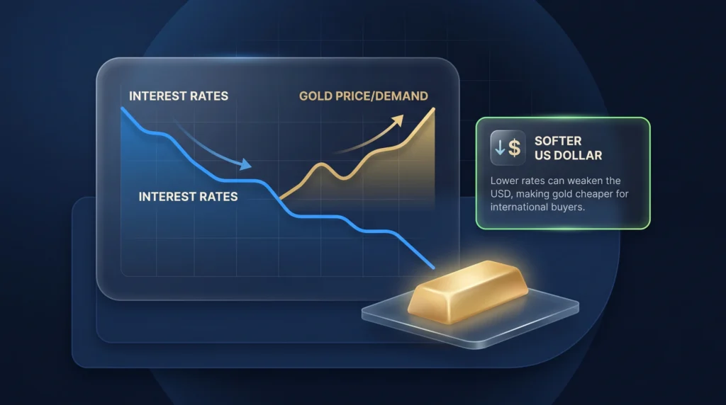 Falling rate curve and rising bullion price line shown in a clean dark trading interface.