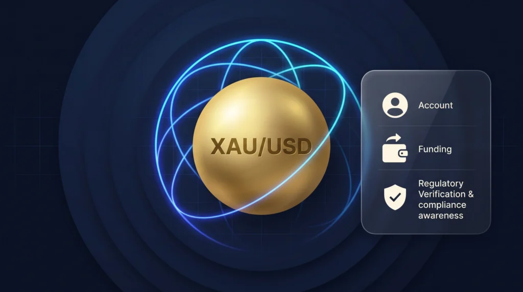 Global XAU/USD access visual with gold market connectivity and secure broker account panel.
