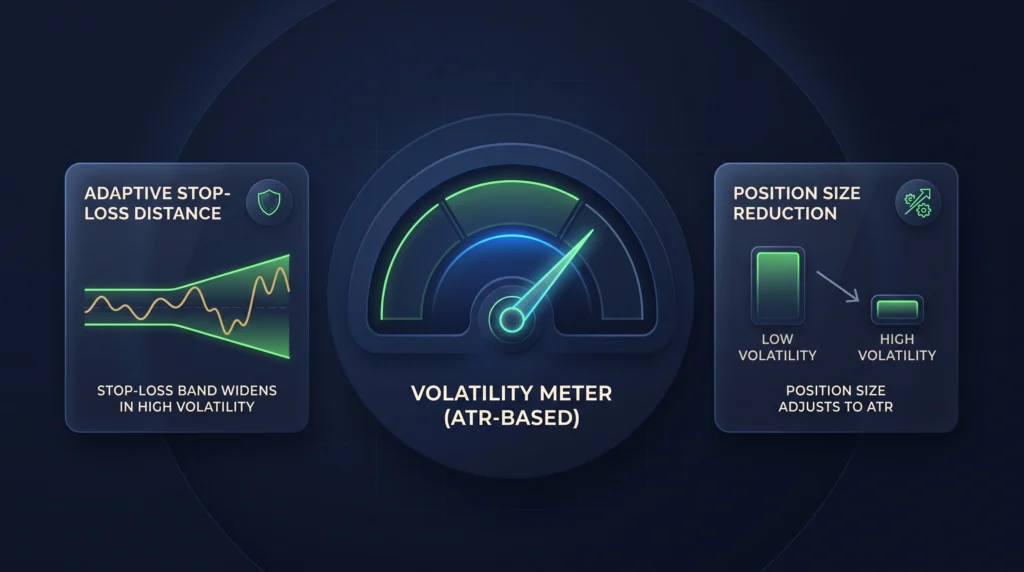 ATR volatility meter with adaptive stop distance and controlled gold position sizing.