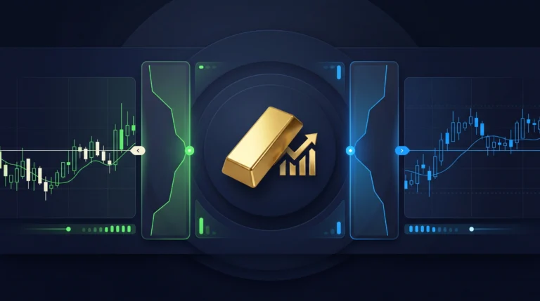 Gold bar beside bid and ask trading panels showing market pricing, liquidity, and transaction costs.