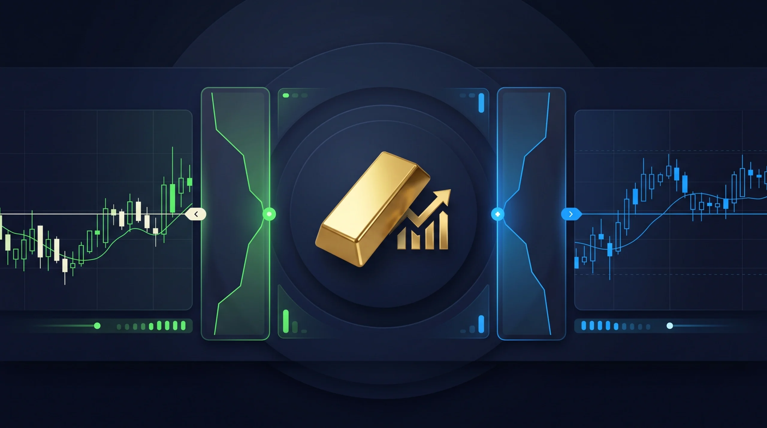 Gold bar beside bid and ask trading panels showing market pricing, liquidity, and transaction costs.