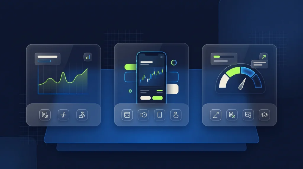 Gold broker selection visual comparing costs, mobile access, and leverage needs.
