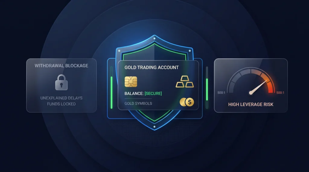 Protected gold trading account with warning signs for withdrawal issues and excessive leverage.