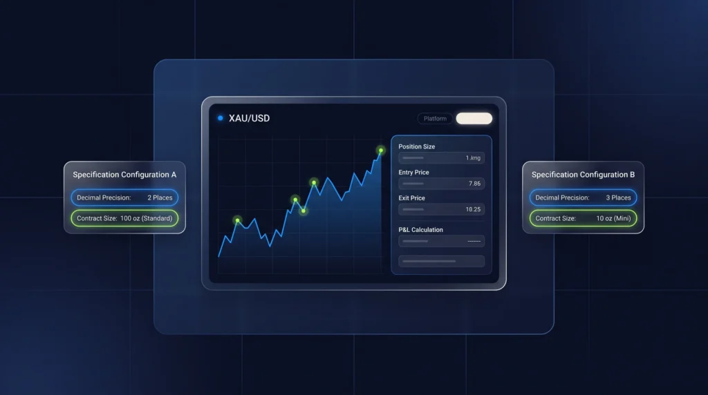 Gold trading platform with a calculation panel and contrasting broker specifications.
