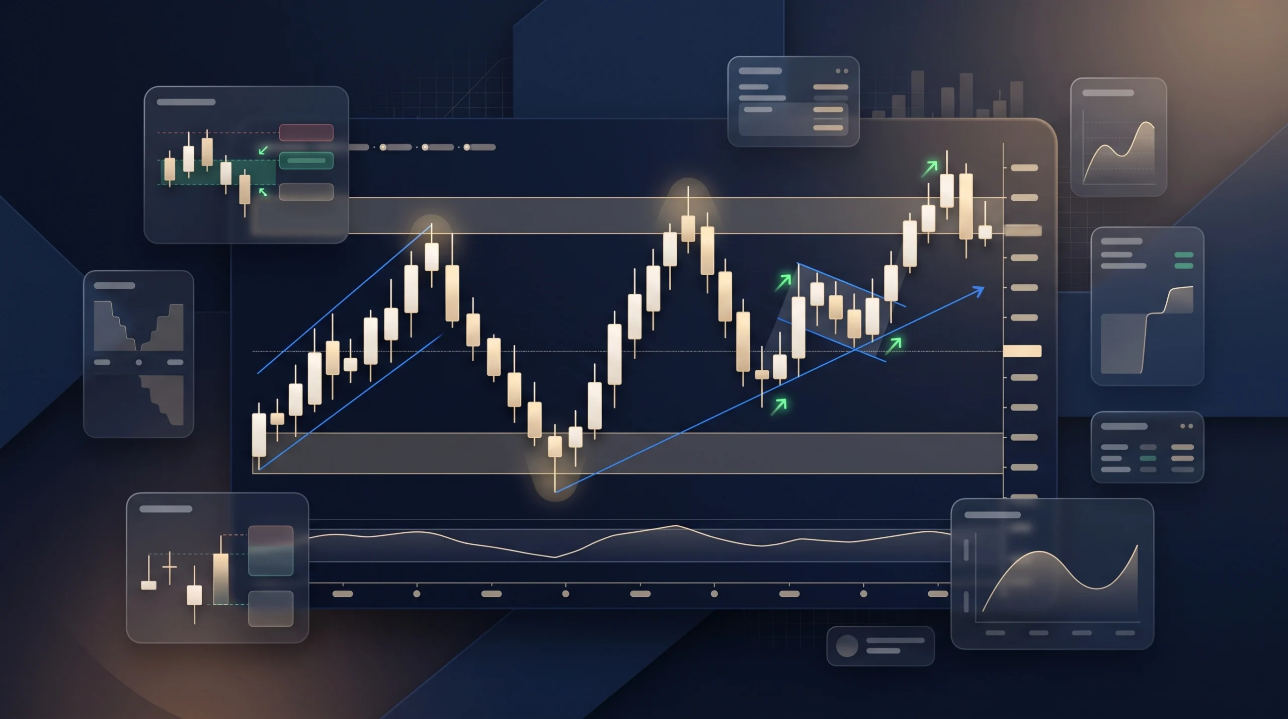 Gold candlestick chart showing reversal, continuation, entry confirmation, and risk zones.