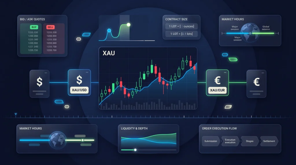  Gold CFD market mechanics with price quotes, contract sizes, currency pairs, liquidity, and trading hours.