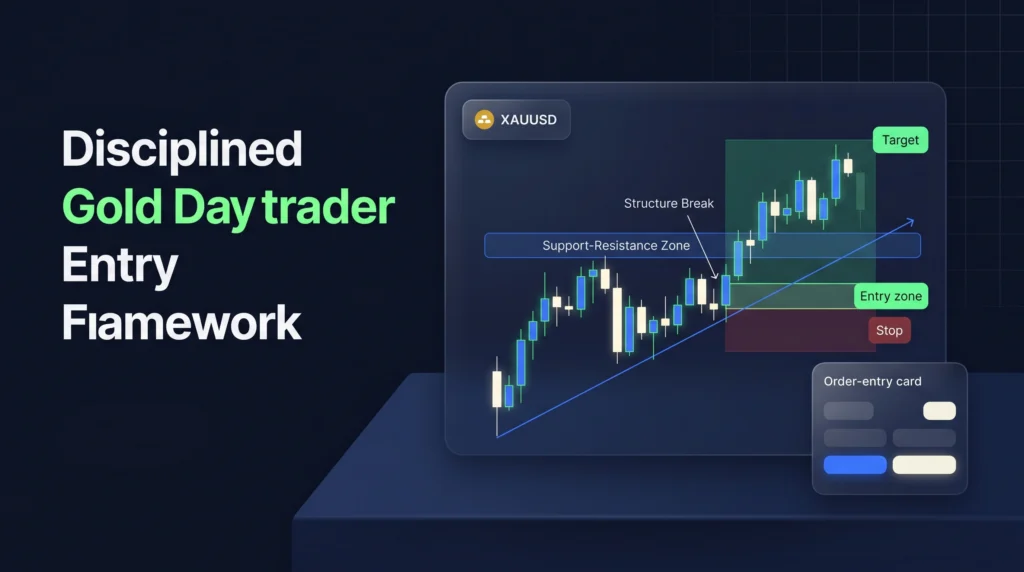 XAUUSD setup showing structure break, pullback entry, stop placement, and profit target.