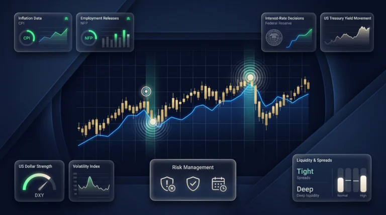 Gold trading dashboard showing XAU/USD volatility around major economic calendar events.
