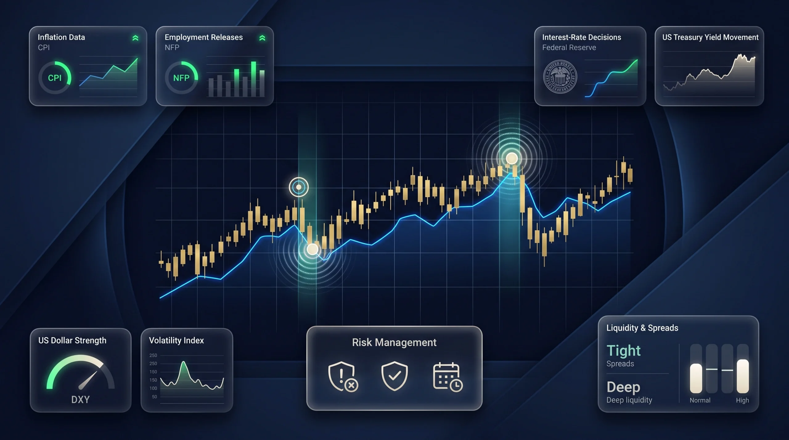 Gold trading dashboard showing XAU/USD volatility around major economic calendar events.