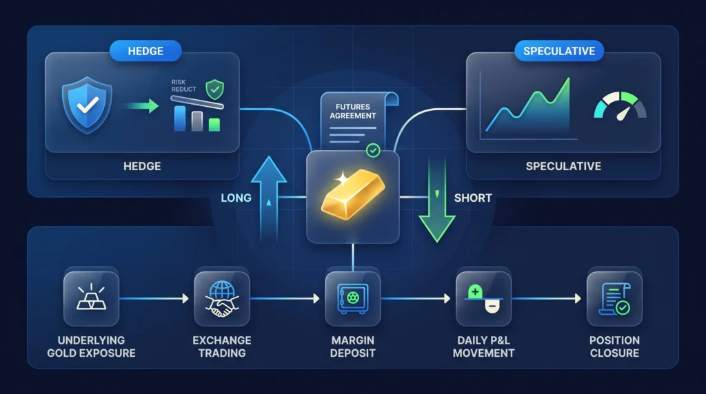 Beginner gold futures visual showing long and short positions, hedging, speculation, margin, and exchange trading.