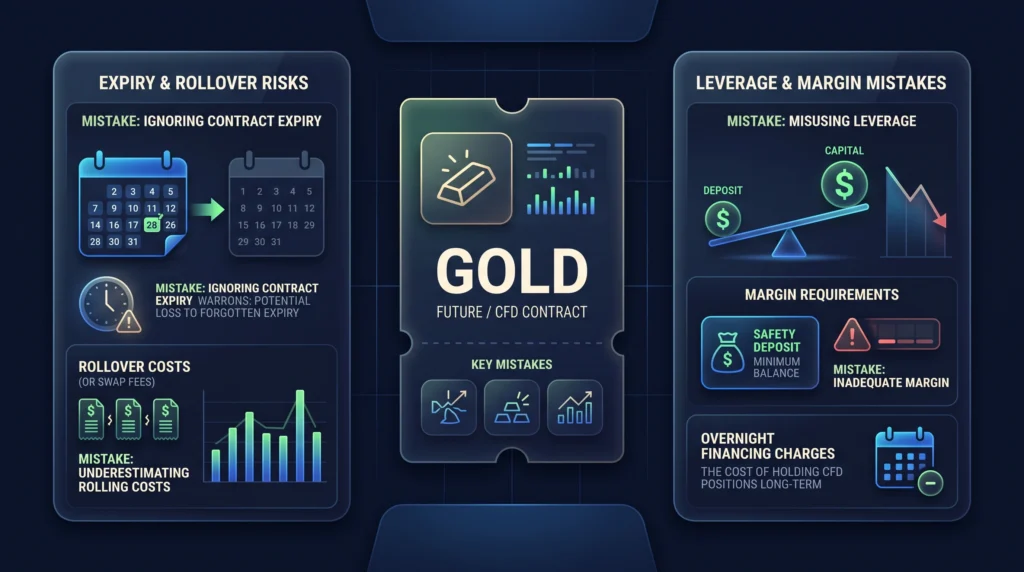 Gold contract panel with expiry, margin, and financing risks for futures and CFD trading.

