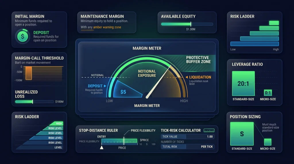 Gold futures margin dashboard with leverage, maintenance threshold, position sizing, and liquidation risk.