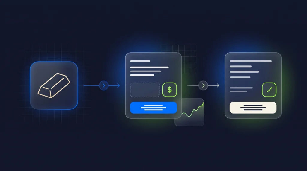 Gold futures contract, margin deposit, and account equity connected in a simple trading process.