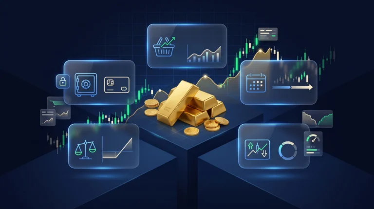 Gold bullion surrounded by ETF, futures, options, and CFD trading panels on a dark fintech dashboard.