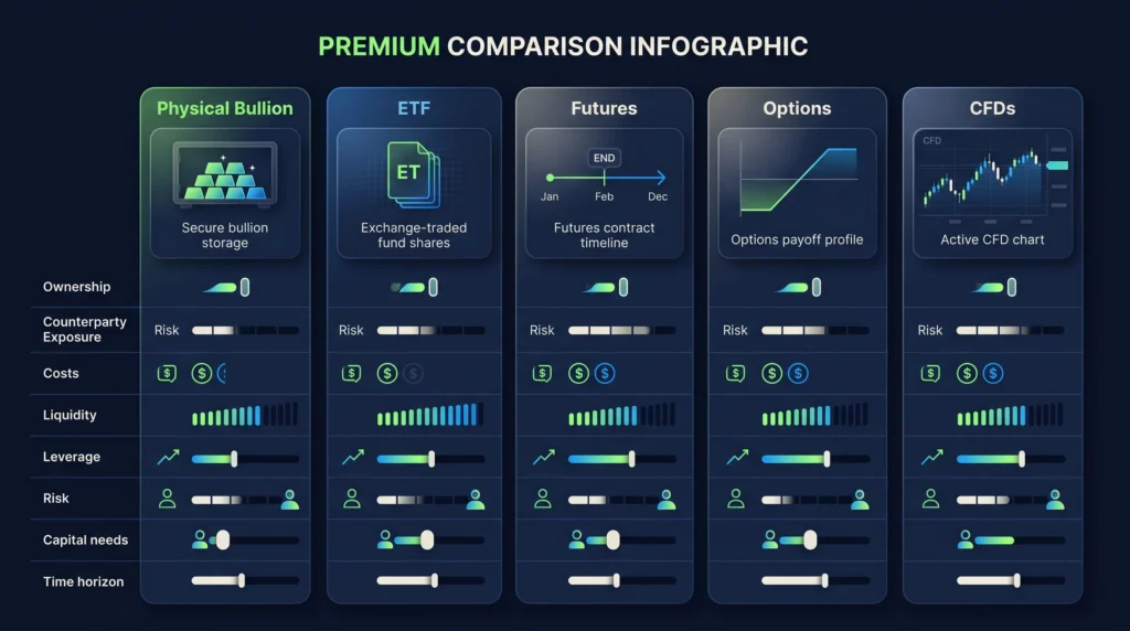  Five gold market instruments compared by ownership, cost, liquidity, leverage, and risk.