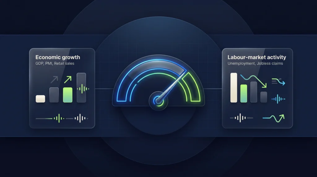 Gold market gauge supported by growth and labour indicators affecting trading conditions.