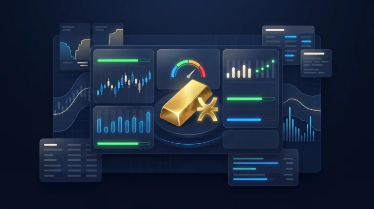 Gold futures dashboard showing margin levels, account equity, leverage, volatility, and risk controls.