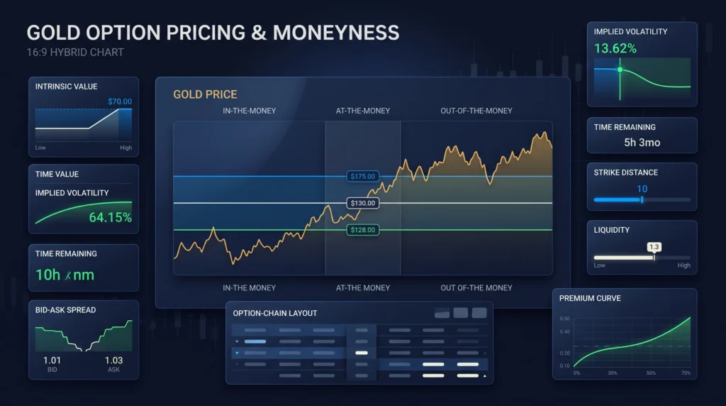 Gold option pricing dashboard with strike levels, moneyness zones, premium factors, and volatility.