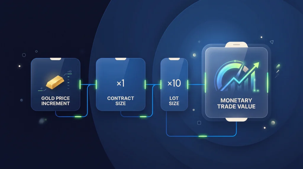 Three-step gold trade calculation linking price increment, contract size, and lot size.
