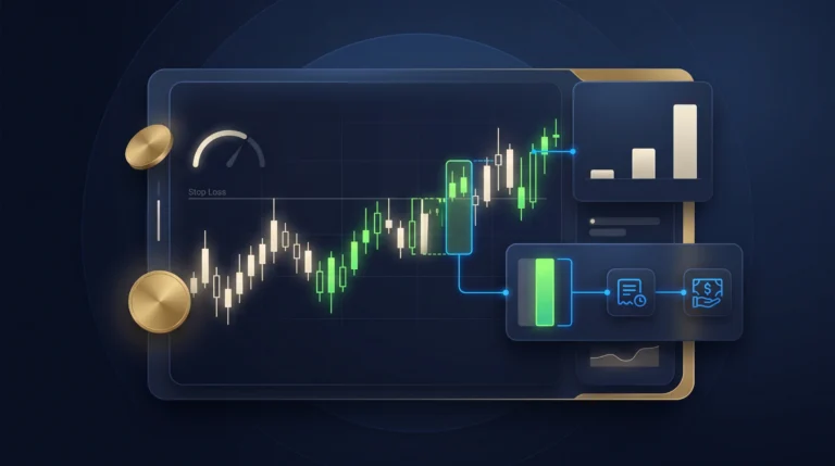 Dark fintech dashboard showing gold price moves, pip intervals, lot sizes, and XAU/USD risk controls.