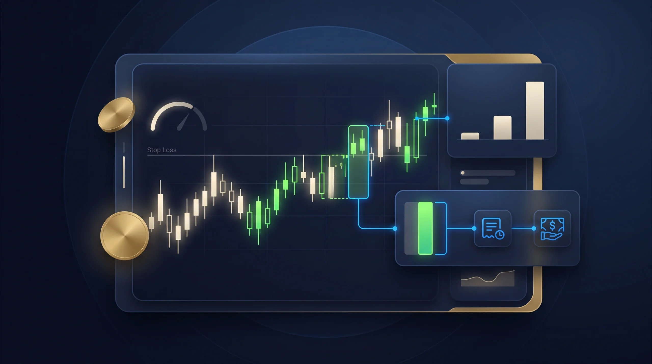 Dark fintech dashboard showing gold price moves, pip intervals, lot sizes, and XAU/USD risk controls.