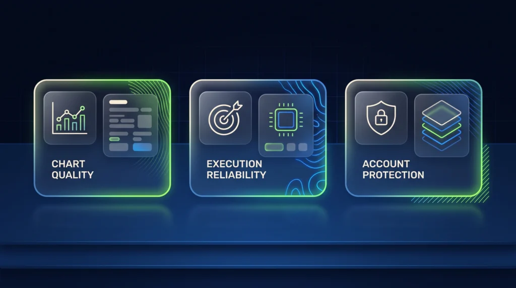 Three evaluation blocks represent chart quality, execution reliability, and account protection.
