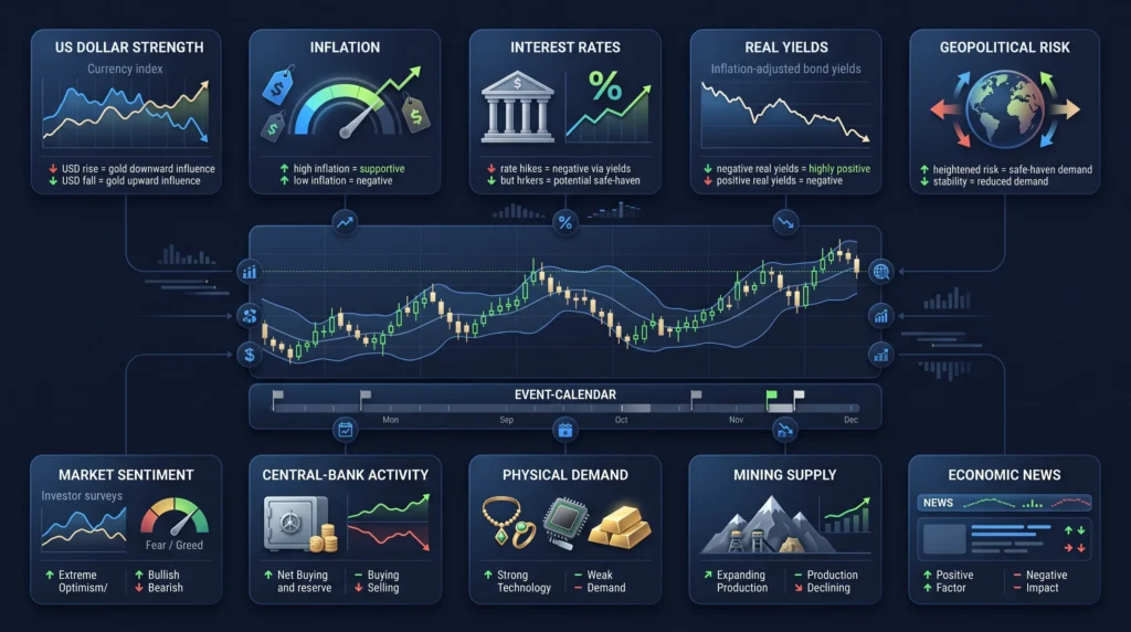  Gold price chart linked to dollar strength, rates, inflation, demand, supply, news, and market sentiment.