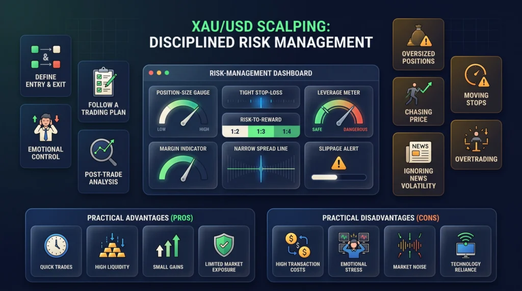  Gold scalping risk dashboard with position sizing, leverage, spread, slippage, mistakes, pros, and cons.