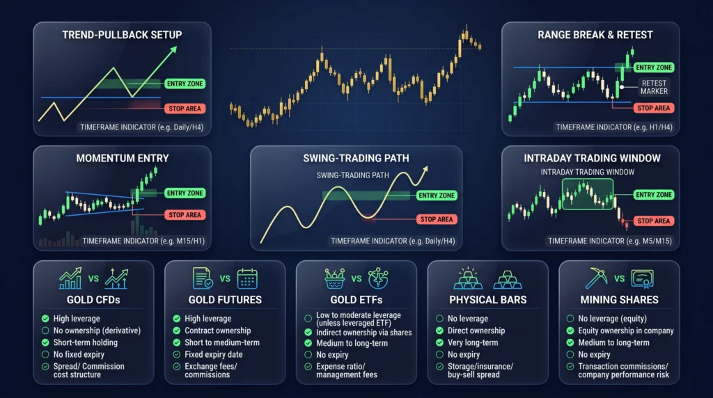 Gold strategy setups beside CFD, futures, ETF, physical gold, and mining share comparison cards.