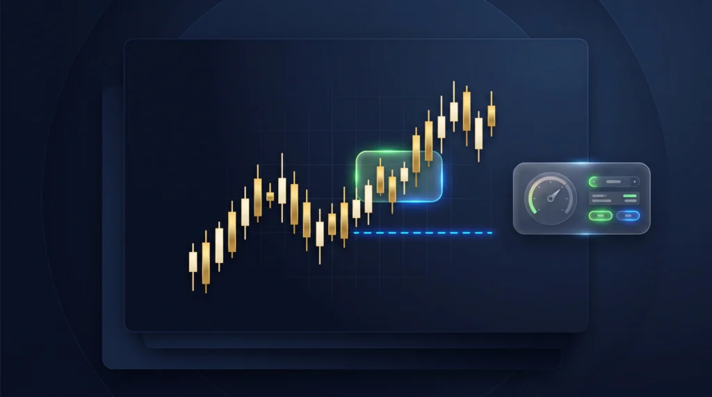 Gold breakout chart with stop-loss boundary, margin meter, and position-size control.