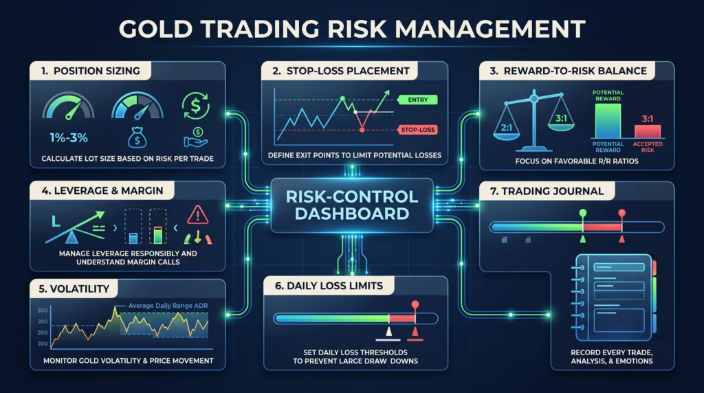 Gold trading risk dashboard with position sizing, stops, leverage, margin, volatility, and loss controls.