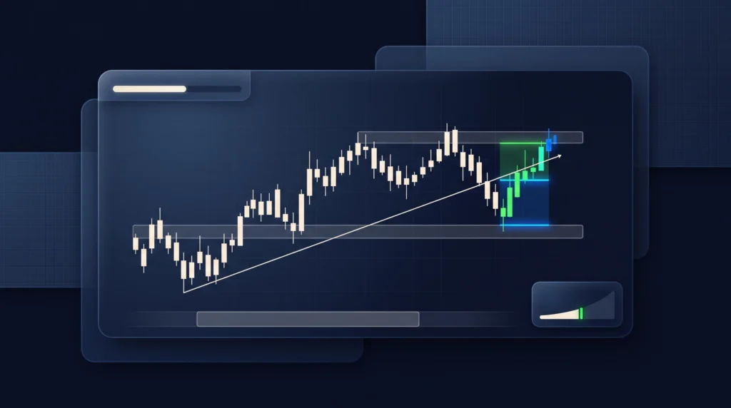XAU/USD setup with trend line, support zone, session band, volatility meter, and stop area.