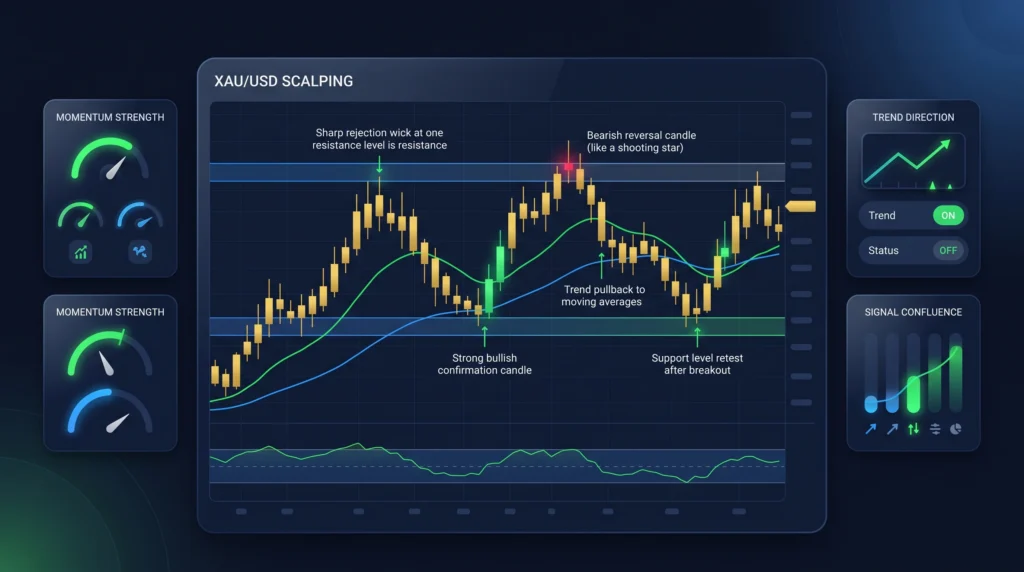  Gold chart with moving averages, RSI momentum, support zones, resistance levels, and candlestick signals.