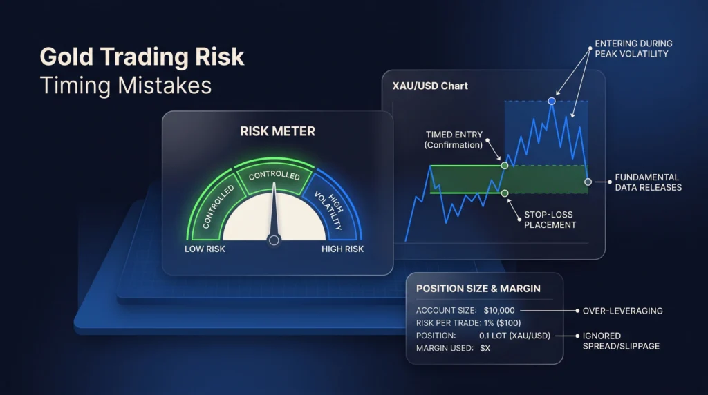 Risk meter and XAU/USD chart illustrating timing, position control, and volatility management.
