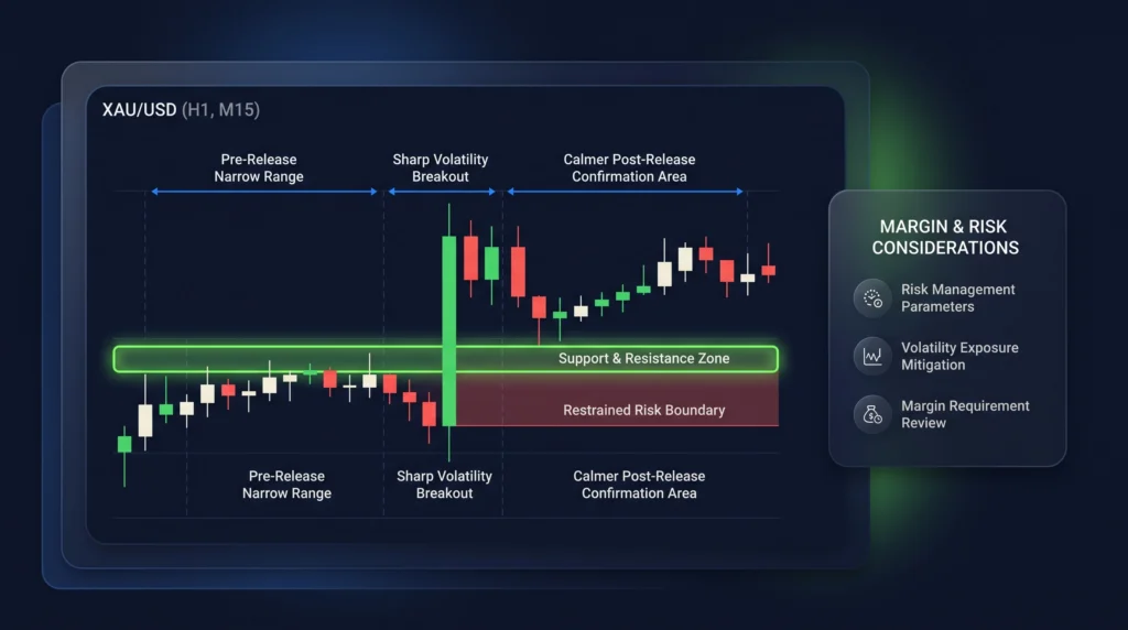  Gold candlestick chart shows pre-NFP range, release volatility, confirmation, and controlled risk boundaries.