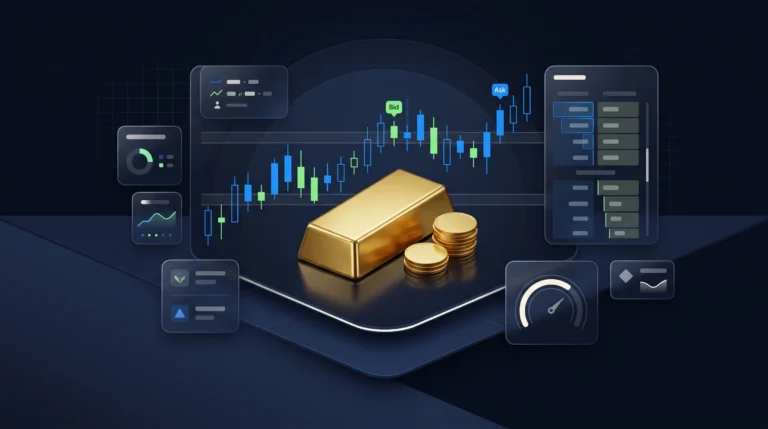 Gold bullion and coins surrounded by charts, market panels, and risk indicators on a dark fintech dashboard.