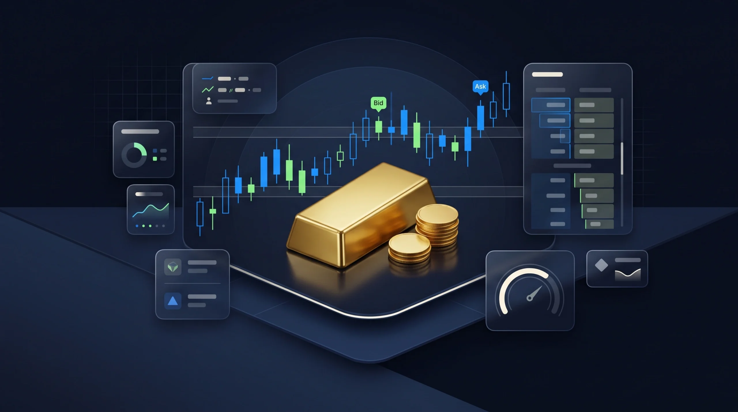 Gold bullion and coins surrounded by charts, market panels, and risk indicators on a dark fintech dashboard.